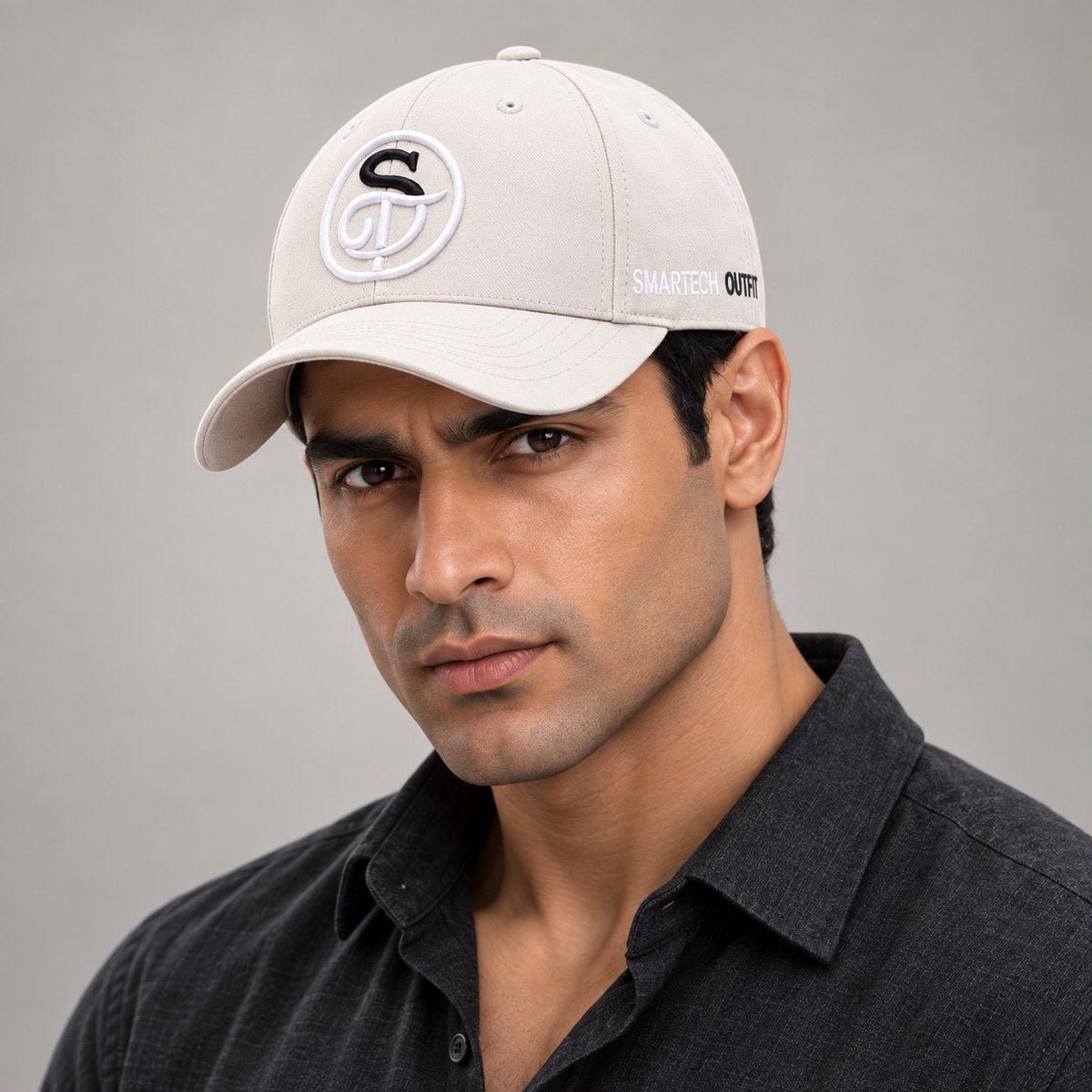 Beige Cotton Baseball Cap — on-model fit illustration