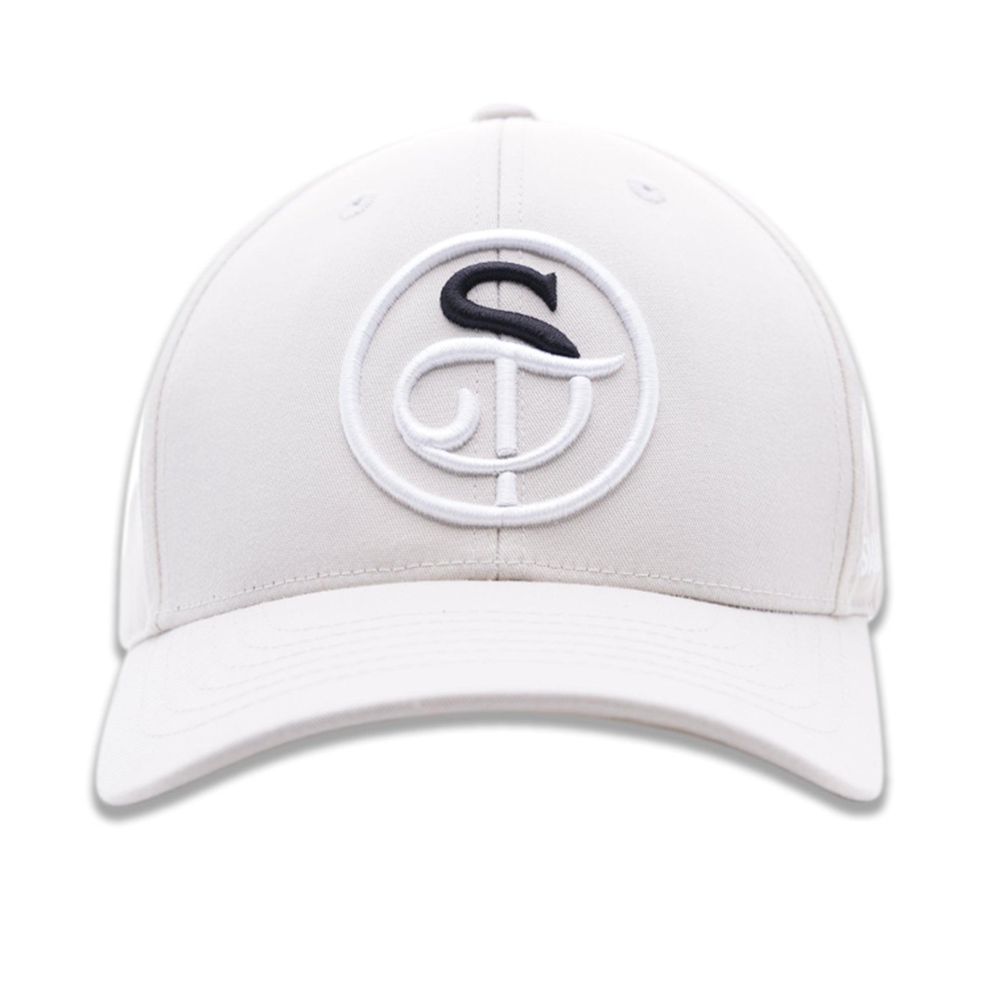 A stylish white hat featuring a prominent 'S' logo, perfect for casual outings or sporty looks.