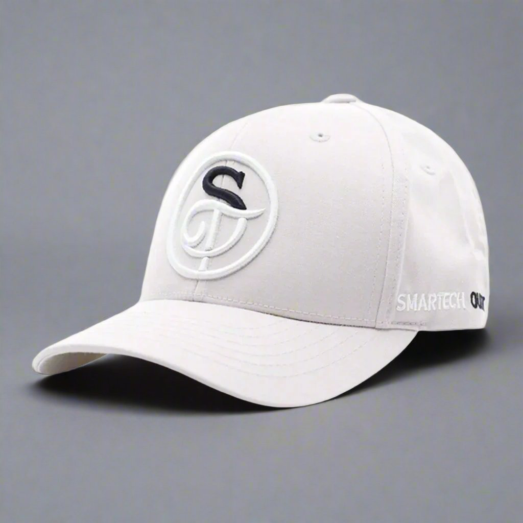 A beige baseball cap with a curved brim. 