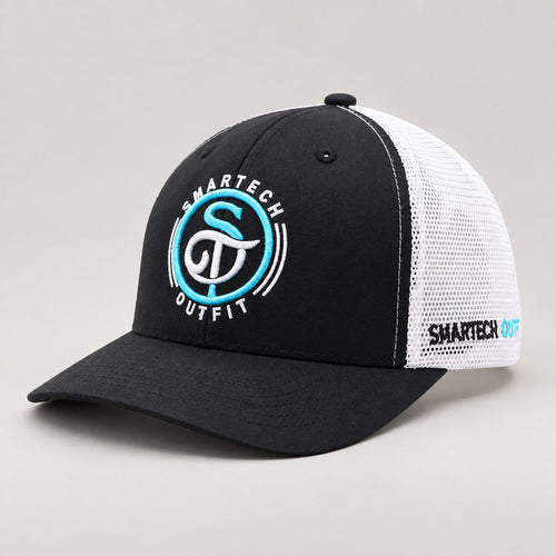 Black & White Classic Trucker Mesh Cap — three-quarter front view