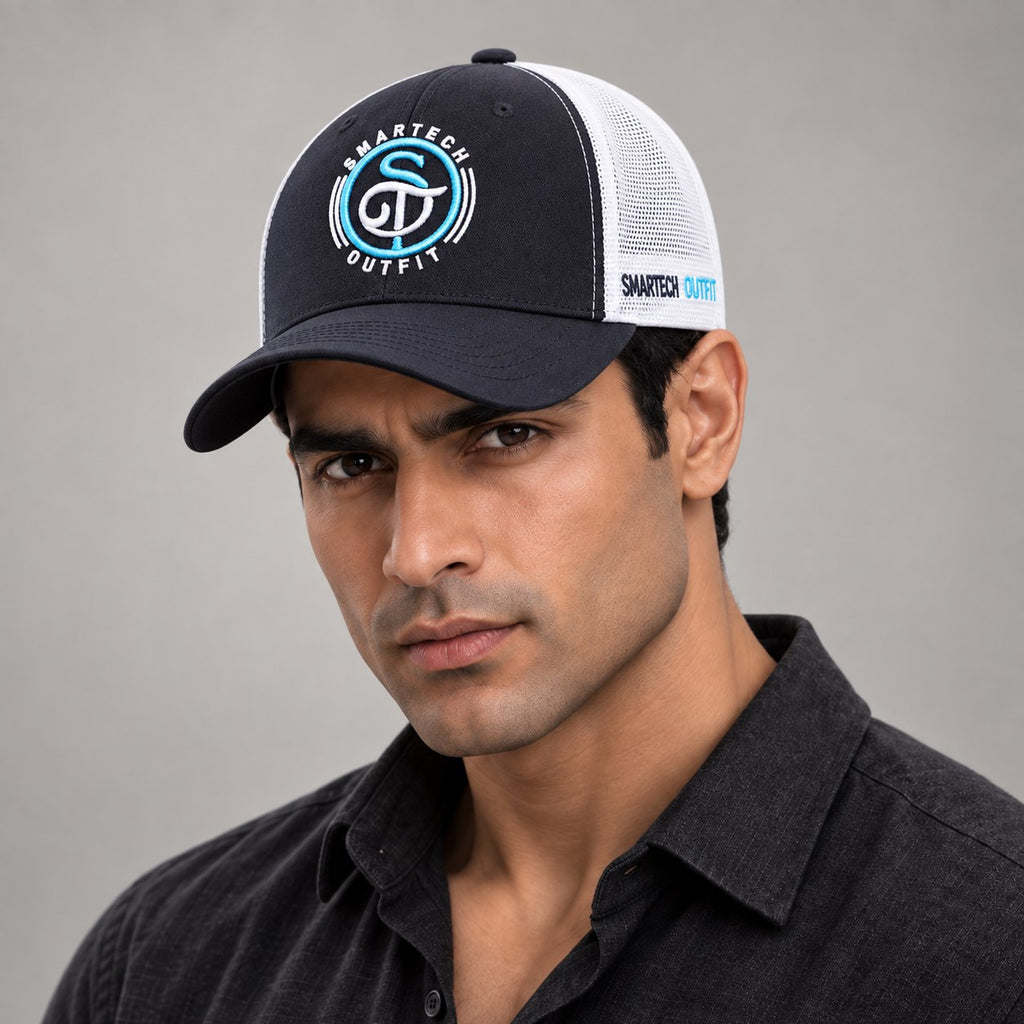 Black & White Classic Trucker Mesh Cap — on-model fit illustration