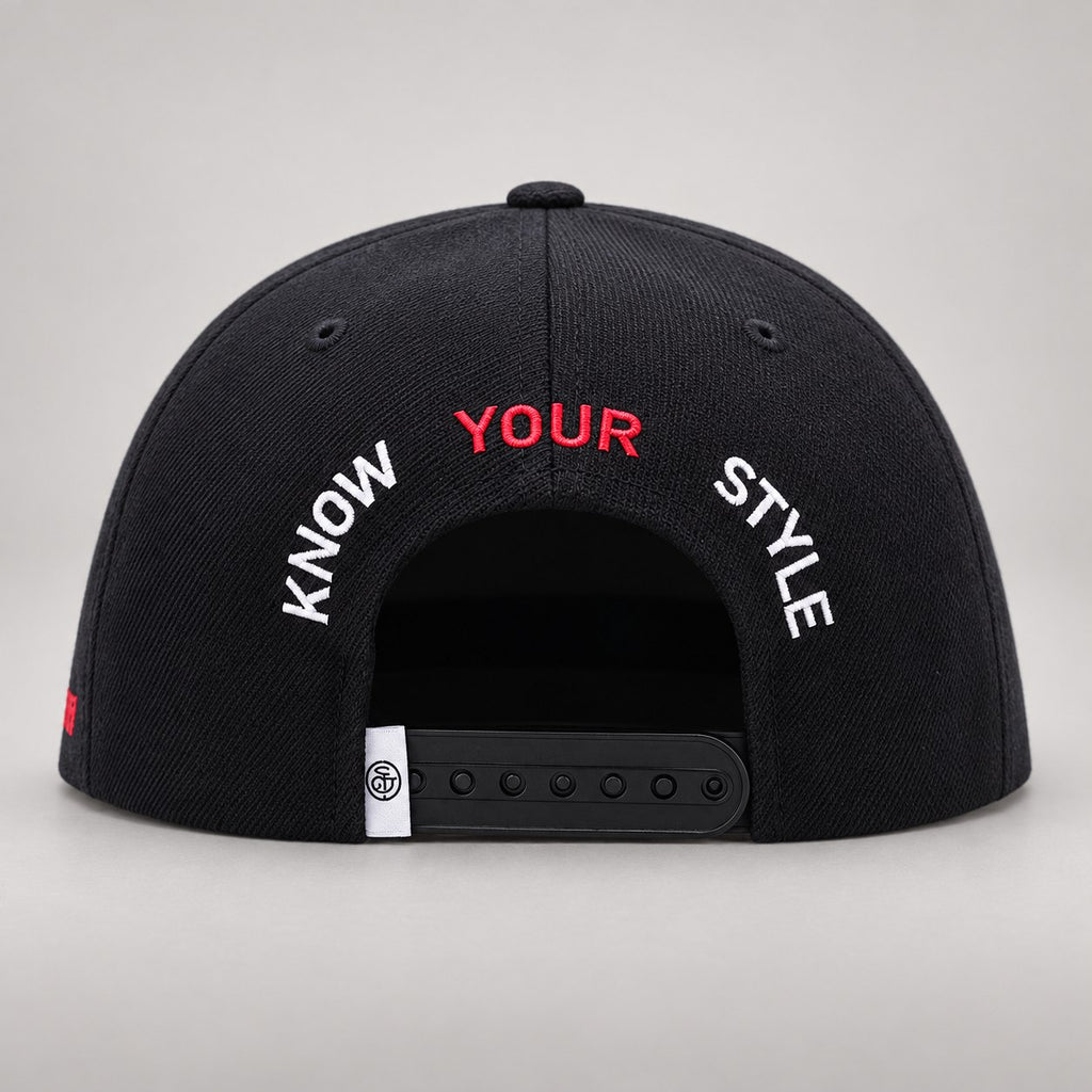 Black & White Snapback Cap — back embroidery and closure