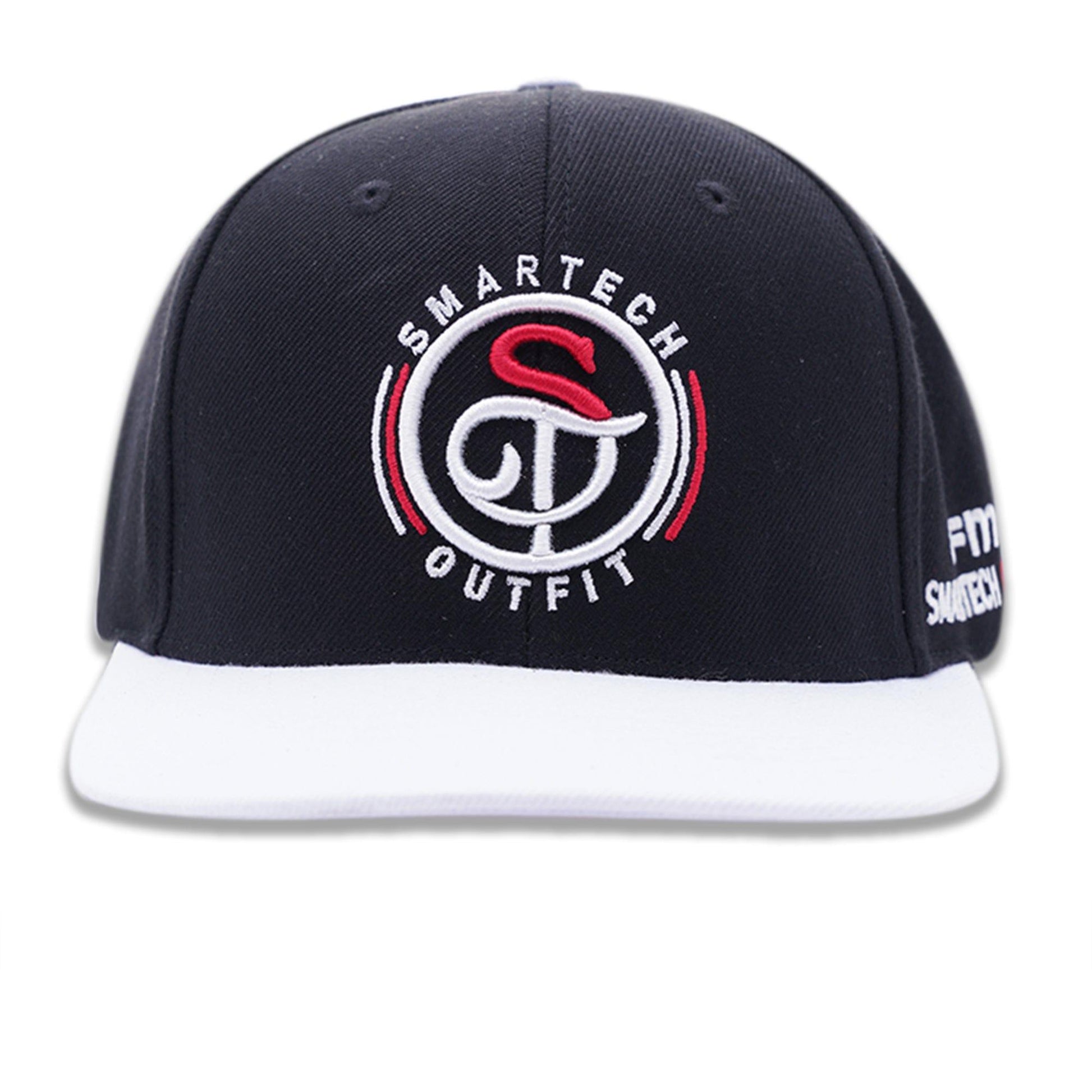 Black snapback cap with white bill, featuring red and white "Smartech Outfit" embroidery. Adjustable, stylish, and perfect for sun protection.