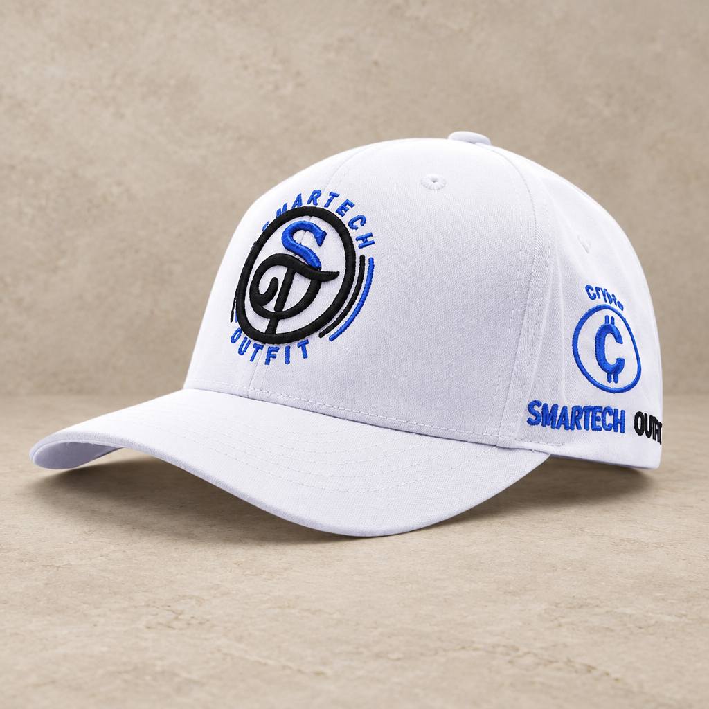 CryptoSide White cap with a warm neutral studio background