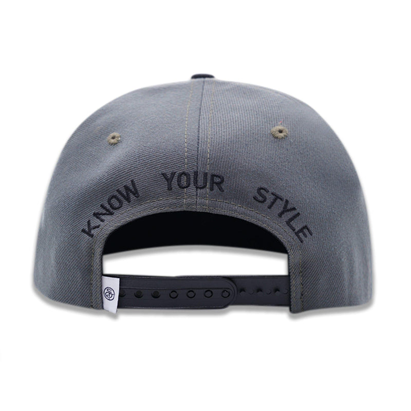 Gray & Black Snapback Cap – classic curved brim and durable stitching