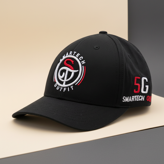 Black cotton baseball cap on a premium warm stone studio background