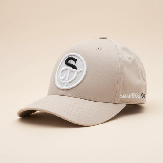 Beige cotton classic baseball cap on a premium warm stone studio background