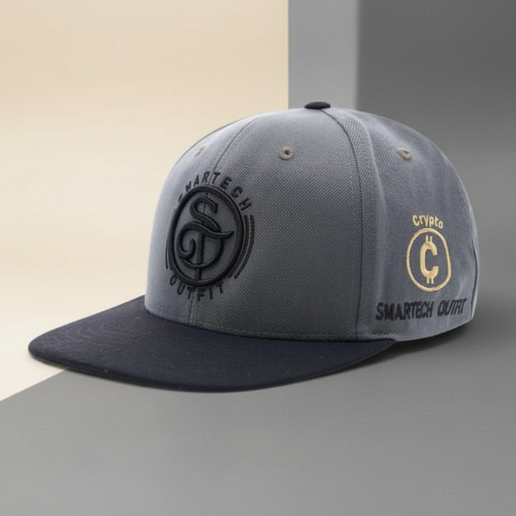 Gray and black snapback cap on a premium warm stone studio background