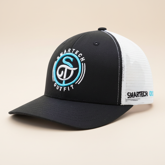 Black and white classic trucker mesh cap on a premium warm stone studio background