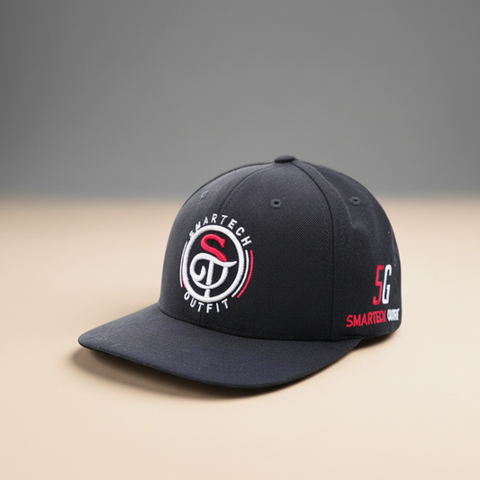 Black 5G logo snapback cap on a premium warm stone studio background