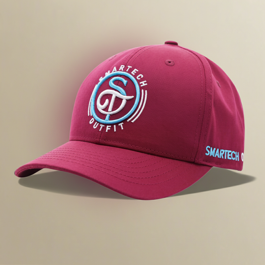 Burgundy cotton classic baseball cap on a premium warm stone studio background