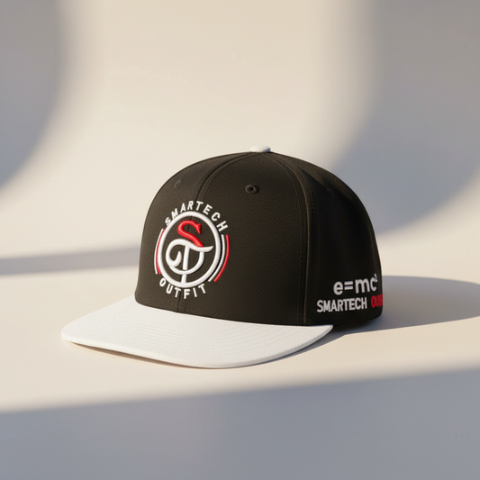 Black and white snapback cap on a premium warm stone studio background