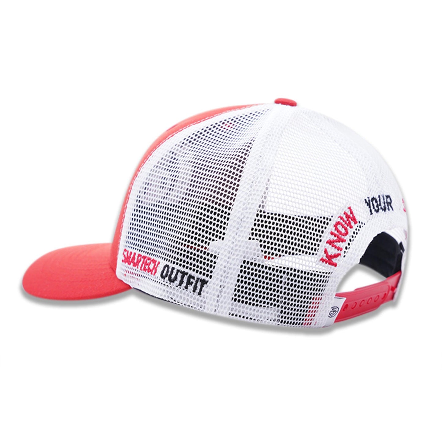 Red and white men's trucker mesh cap, stylish mesh cap hat for men, breathable men's trucker caps.