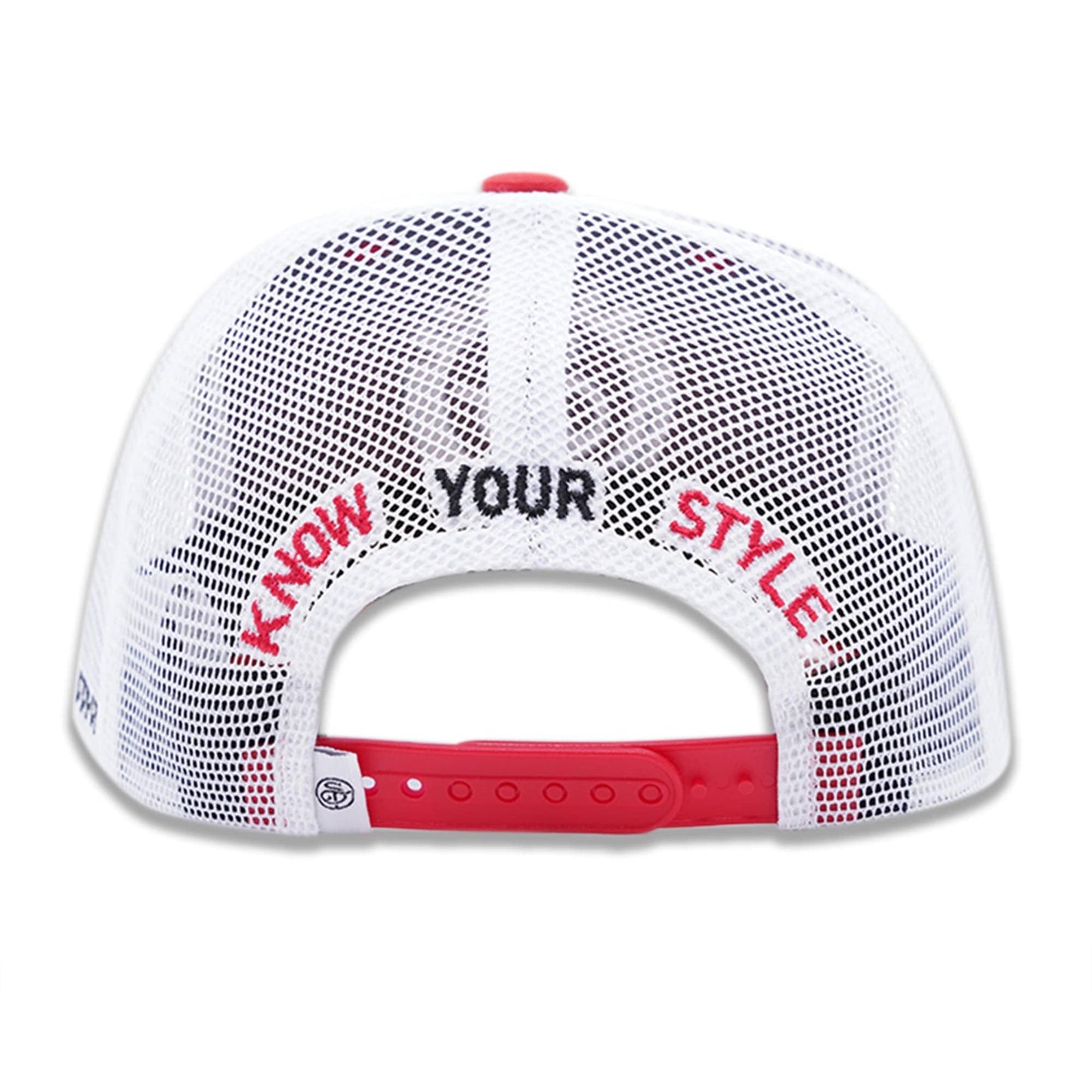 Red and white trucker mesh cap for men and women; custom, embroidered, and best trucker hats brand.