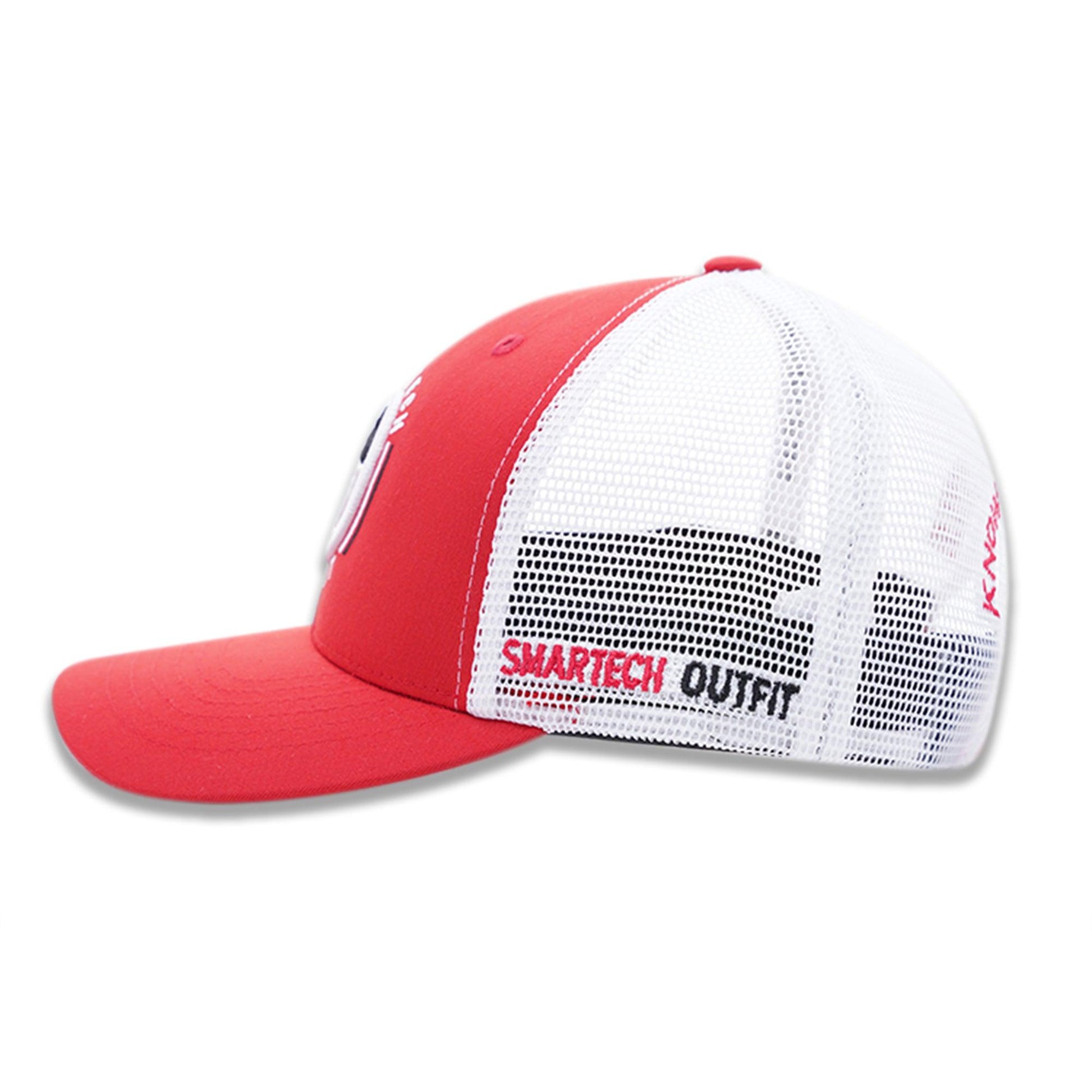 Red and white trucker mesh cap for men, stylish men's trucker cap, perfect trucker men's hat for casual wear.