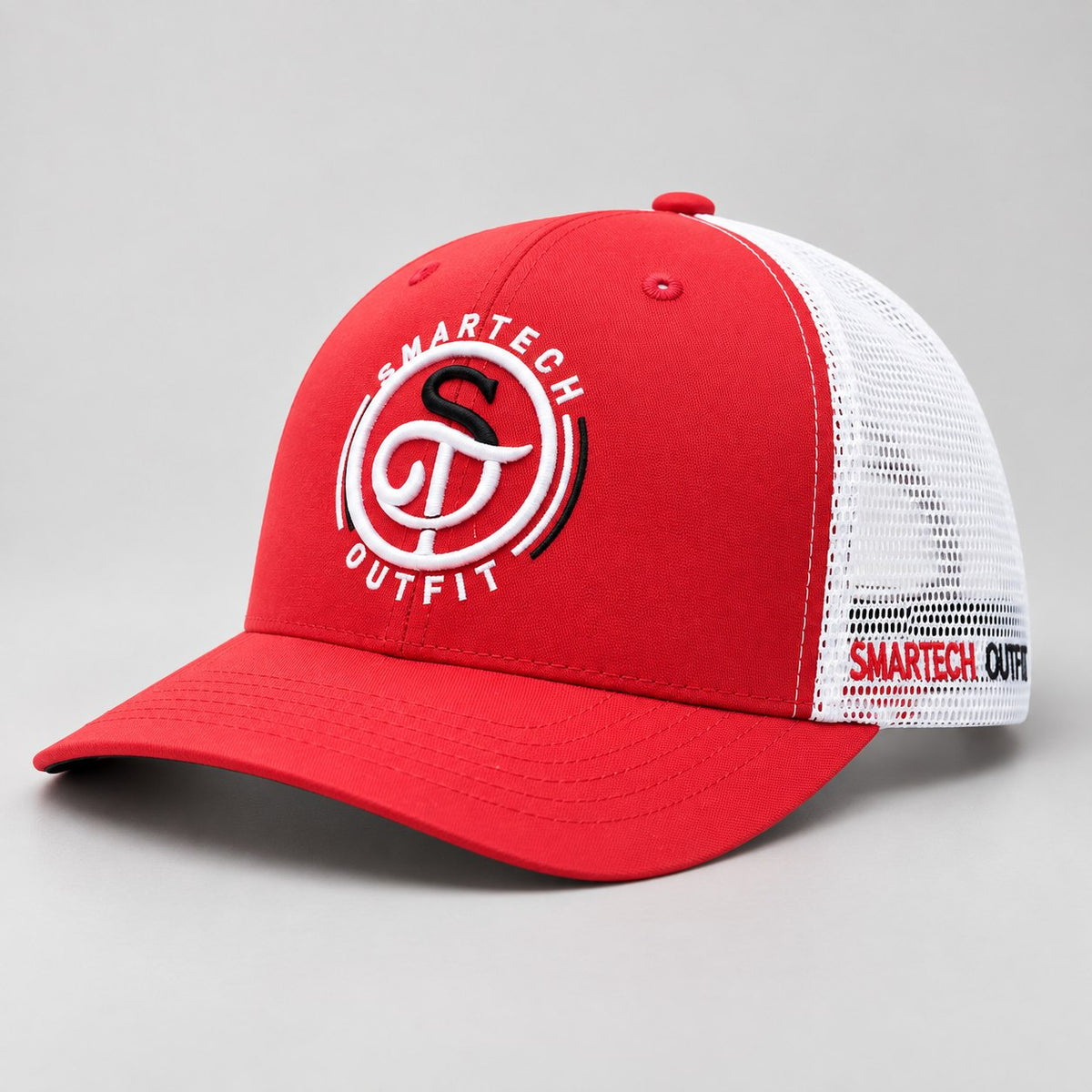 Red & White Trucker Mesh Cap — three-quarter front view