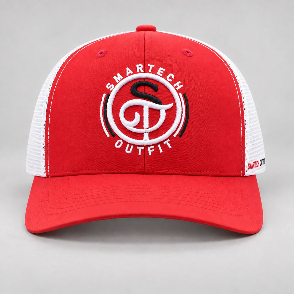 Red & White Trucker Mesh Cap — front view