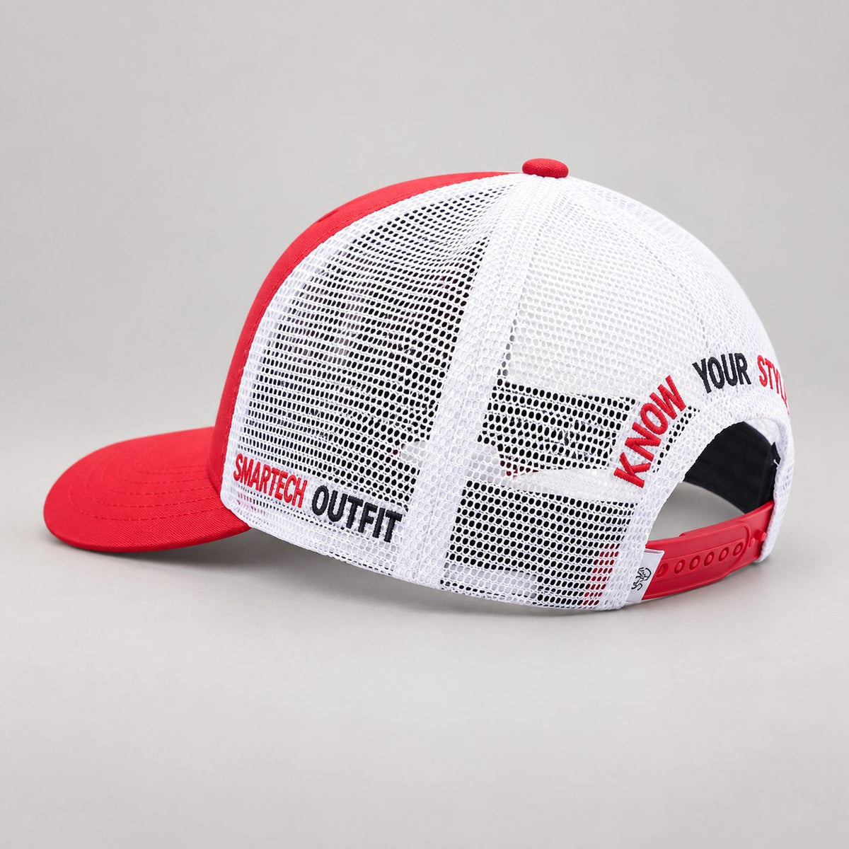 Red & White Trucker Mesh Cap — branded side view