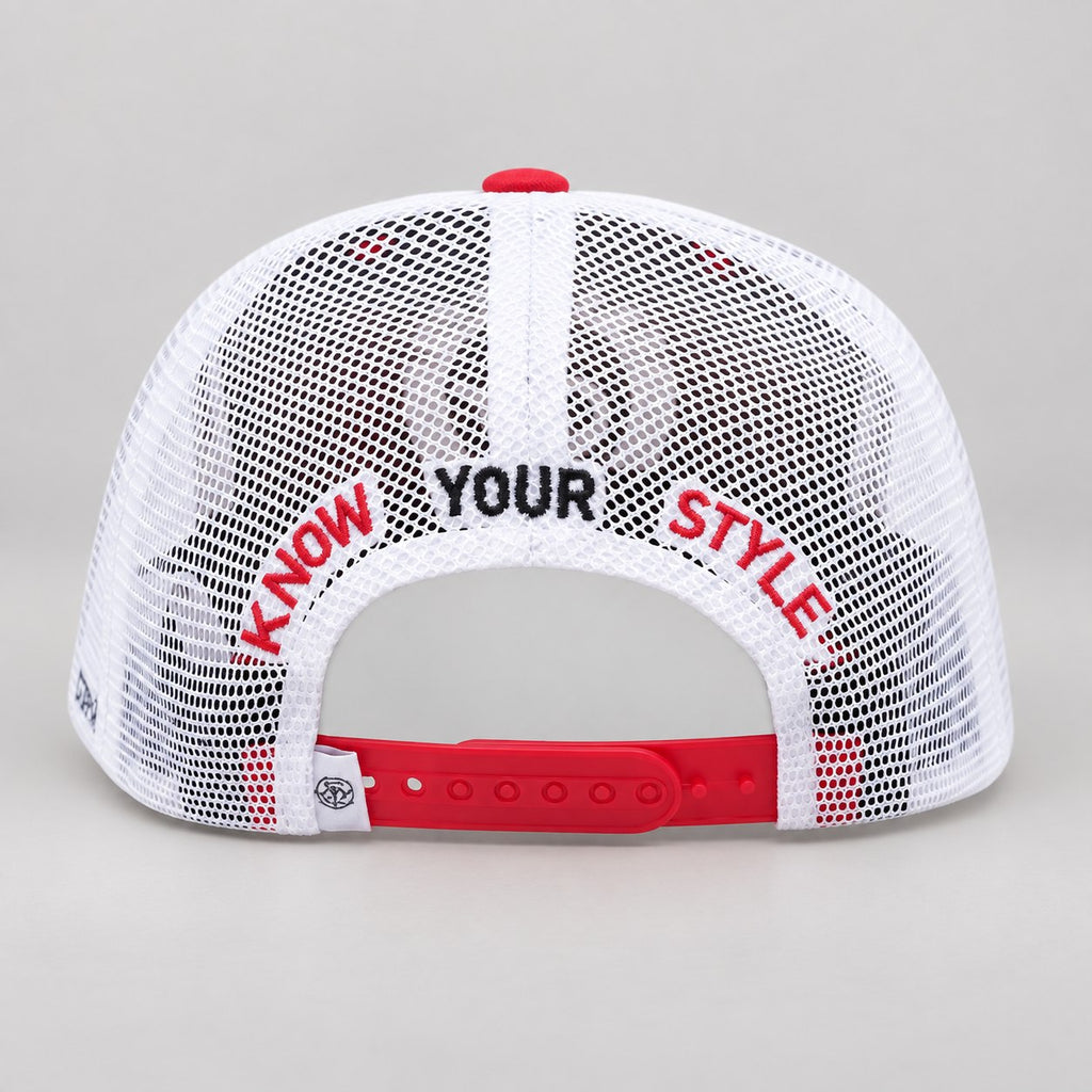 Red & White Trucker Mesh Cap — back embroidery and closure