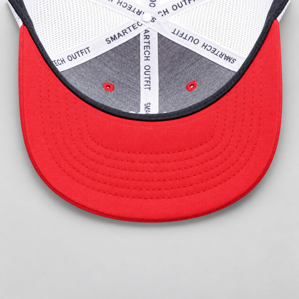 Red & White Trucker Mesh Cap — interior detail