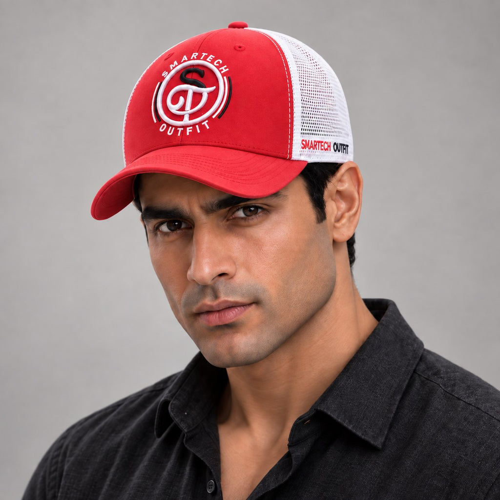 Red & White Trucker Mesh Cap — on-model fit illustration