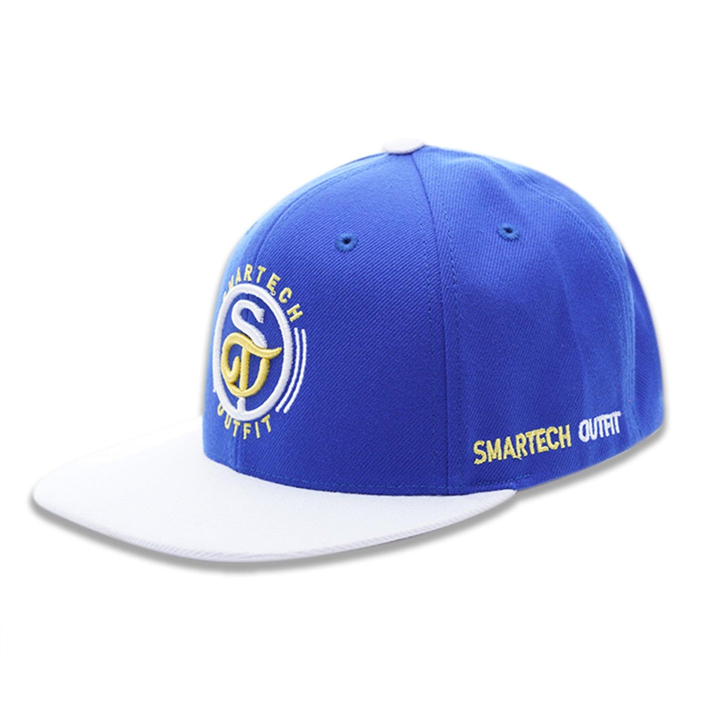 Royal blue and white golf snapback cap, available in bulk and XXL sizes, perfect for golfers.