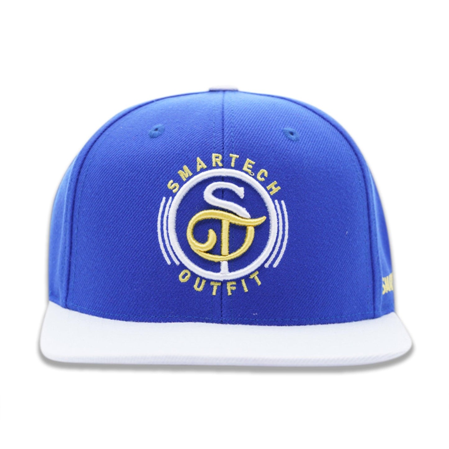 Royal blue and white snapback cap for men with custom-printed design, cool style, perfect for big heads.