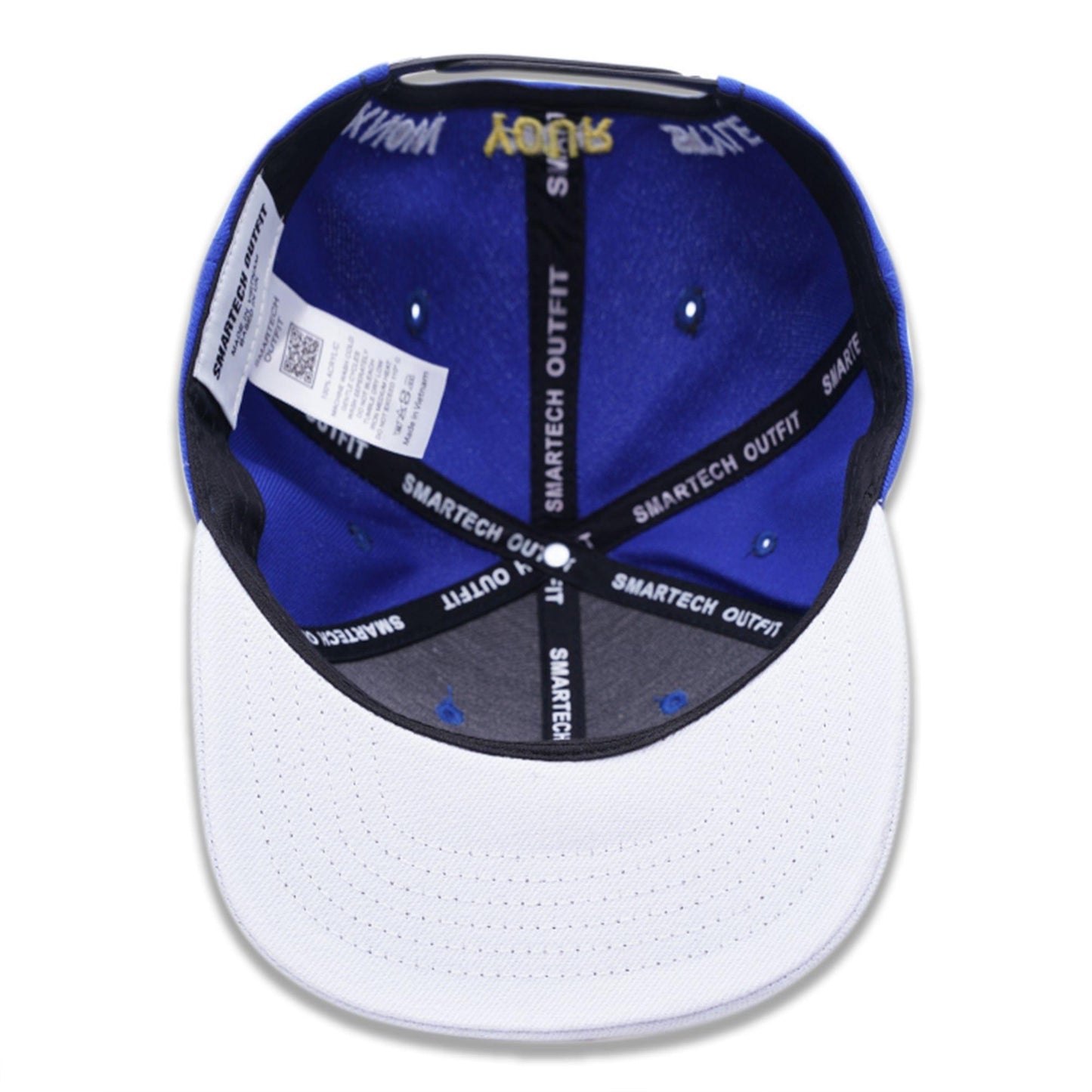 Royal blue and white snapback hat for men, custom embroidered and printed design for a unique look.