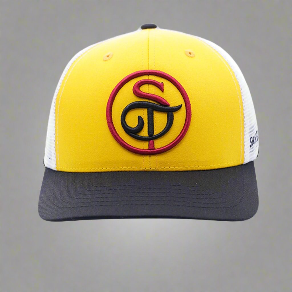 Trendy yellow and white mesh baseball cap, lightweight and perfect for outdoor sports and casual wear