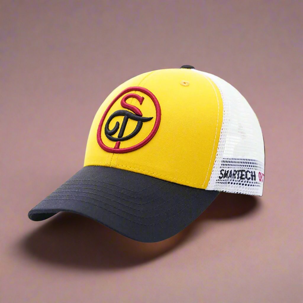 Stylish yellow and white mesh cap with adjustable strap, breathable design for summer fashion